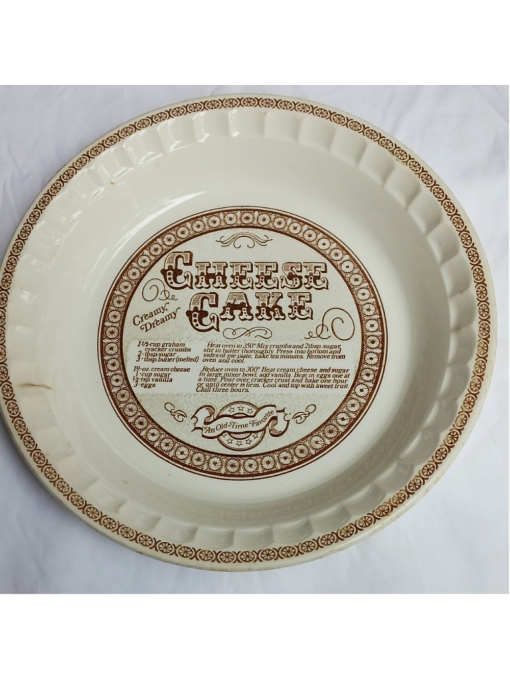 VTG Royal China Jeannette Cheesecake Recipe Ceramic Pie Dish 10.5" White/Brown